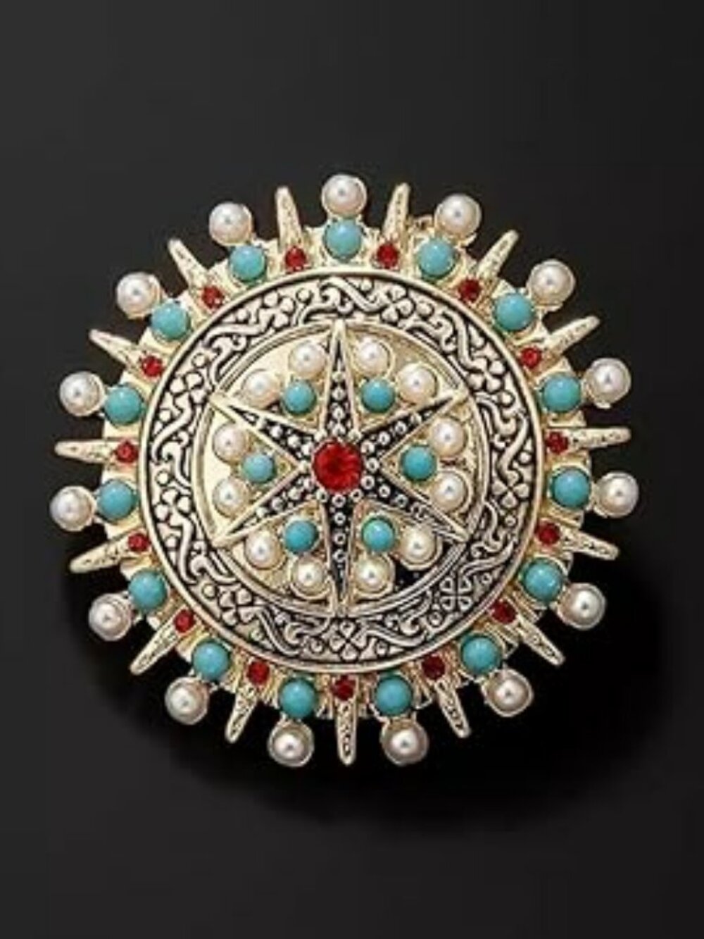 Vintage Look Turquoise and Pearls‎ Red Rhinestones Round Brooch Star Lapel Pin
